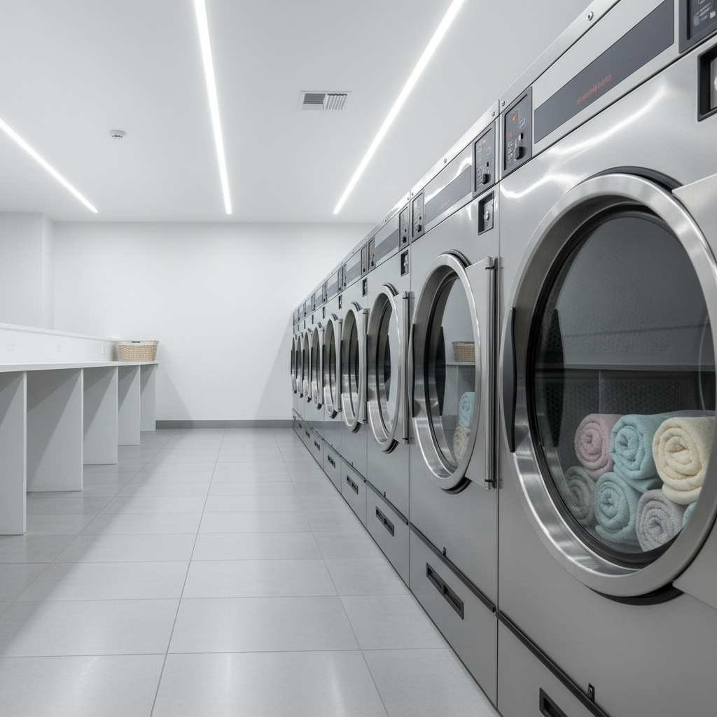 A bright, photographic image of a spotless bank of industrial-size dryers filling the right side of the frame, their glass doors all aligned and slightly reflective, with a few softly colored towels visible inside some drums. Opposite the dryers, a continuous built-in counter holds a single empty, clean laundry basket, suggesting readiness and convenience. The floor is light and immaculate, with subtle reflections of the machines. Overhead linear LED lights create consistent, shadow-free illumination. Shot from a low, slightly diagonal angle, the composition emphasizes the scale and efficiency of the equipment while maintaining a sleek, minimalist, and professional feel suitable for a modern Reno laundromat brand.