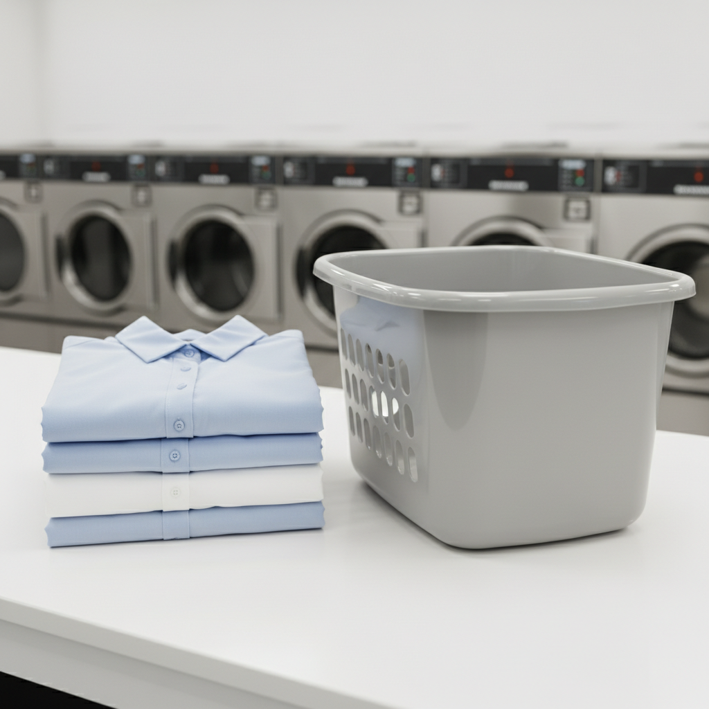 A detailed overhead, photographic shot of a clean folding station inside a laundromat, showing a neatly folded stack of light-blue and white shirts beside an open, empty laundry basket with a smooth plastic finish. The folding surface is a seamless, matte white countertop with no stains or scratches. In the softly blurred background, the tops of stainless steel washers create a rhythmic pattern. Bright, even artificial lighting from above eliminates harsh shadows, emphasizing the crisp corners of each folded garment. The mood is organized, efficient, and satisfying, capturing the ease and convenience of having wash-dry-fold services completed to a high standard.