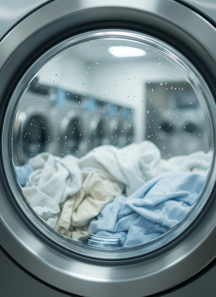 A close-up, photographic view of a single modern front-loading washer door, its thick glass perfectly clear, showing neatly arranged light-colored fabrics tumbling gently inside. Tiny droplets of water bead on the inner surface, catching soft, cool-toned overhead light. The stainless steel frame is pristine, with subtle brushed texture and a faint reflection of the surrounding clean laundromat. The background falls into a gentle blur, hinting at other machines and a tidy interior. Captured from a slightly angled, intimate perspective with shallow depth of field, the image conveys precision, freshness, and care, ideal for illustrating a premium self-service laundry experience.