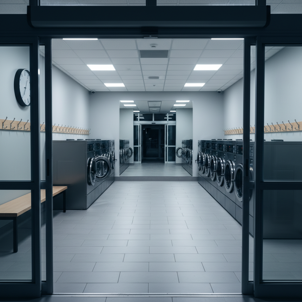 A serene, photographic night-time view of a modern laundromat interior seen from just inside the entrance, with all machines off but spotless and ready for use. Cool white ceiling lights gently illuminate the rows of washers and dryers, reflecting subtly off their stainless steel surfaces and the smooth, pale tile floor. A minimalist bench and a row of simple hooks along one wall suggest user convenience without clutter. The composition uses leading lines from the floor tiles and machine rows to draw the eye toward the back of the room, creating a sense of depth and calm. The atmosphere feels safe, orderly, and meticulously maintained.