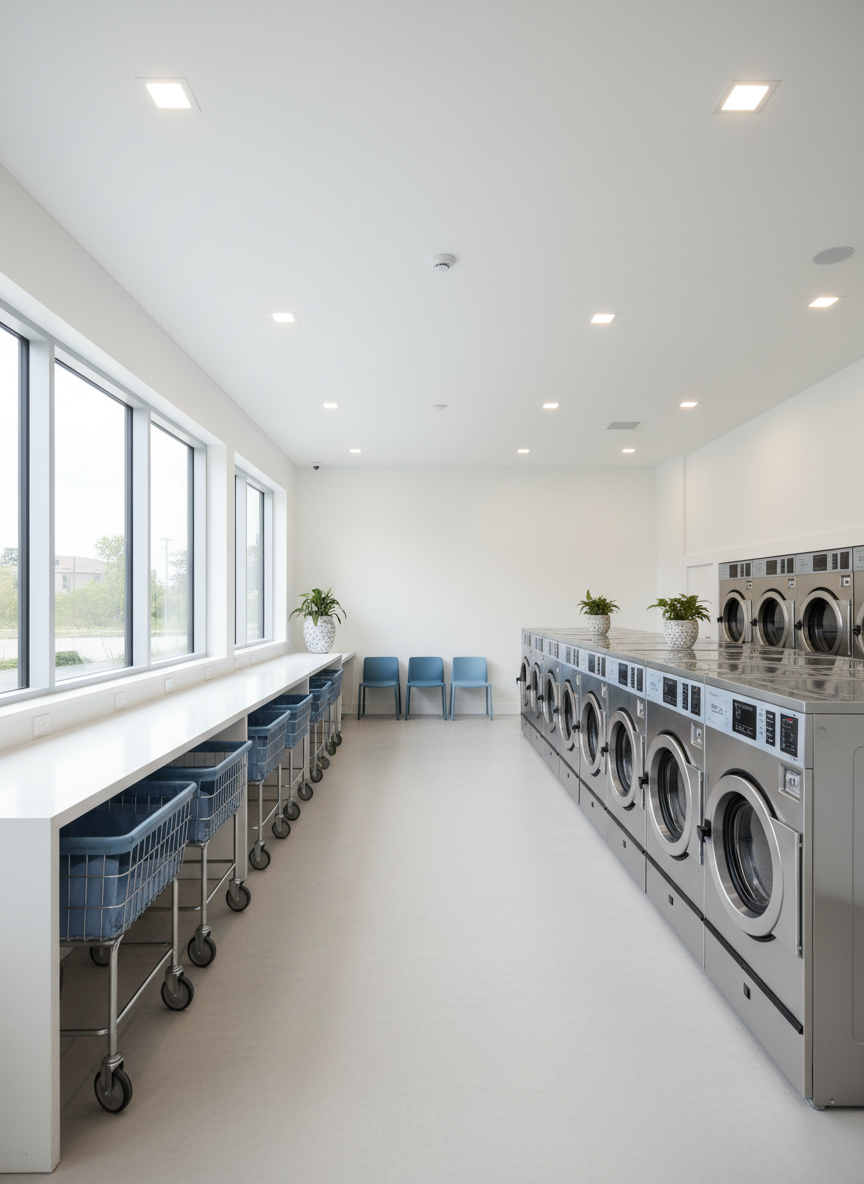 A wide, panoramic photograph of a contemporary laundromat interior designed for convenience, featuring long, uncluttered white folding counters, integrated laundry carts neatly nested underneath, and parallel rows of matching front-load machines. A wall of tall windows on one side lets in soft natural daylight, which blends with discreet recessed ceiling lights to create a bright, airy ambiance. The color palette is cool and calming, with whites, light grays, and subtle blue accents. Shot from a slightly elevated angle using the rule of thirds, the image highlights the spacious layout and easy workflow, suggesting a streamlined, stress-free laundry visit with a modern aesthetic.