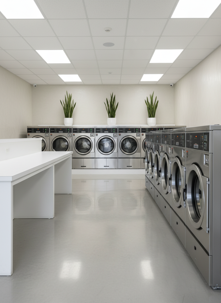 A spotless row of high-capacity, stainless steel front-loading washers and dryers in a bright, modern laundromat, each machine with clear glass doors and subtle digital displays glowing softly. The floor is a light gray polished concrete, reflecting the clean overhead LED panel lighting that bathes the room in even, neutral brightness. Sleek white folding tables line one side, and a few minimalist potted plants add a touch of green in the background. Shot at eye level with sharp focus throughout, the composition emphasizes order, cleanliness, and convenience. The atmosphere feels fresh, efficient, and welcoming, in a photographic realism style suited for a professional laundry service brand.
