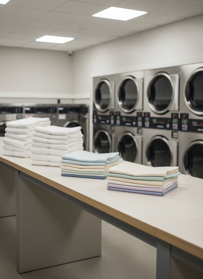 An inviting, photographic scene of a dedicated wash-dry-fold area in a laundromat, featuring carefully stacked piles of freshly laundered white towels and pastel linens on a smooth, light-wood counter. Each stack is crisp and orderly, with soft textures clearly visible. Behind the counter, a backdrop of gleaming stainless steel washers and dryers stands in perfect alignment, all doors closed and surfaces spotless. Overhead, diffused LED lighting casts a clean, even glow, creating minimal shadows and a sense of hygienic precision. Captured at eye level with moderate depth of field, the mood is professional, reliable, and quietly luxurious, emphasizing convenience and high-quality service without showing any people.